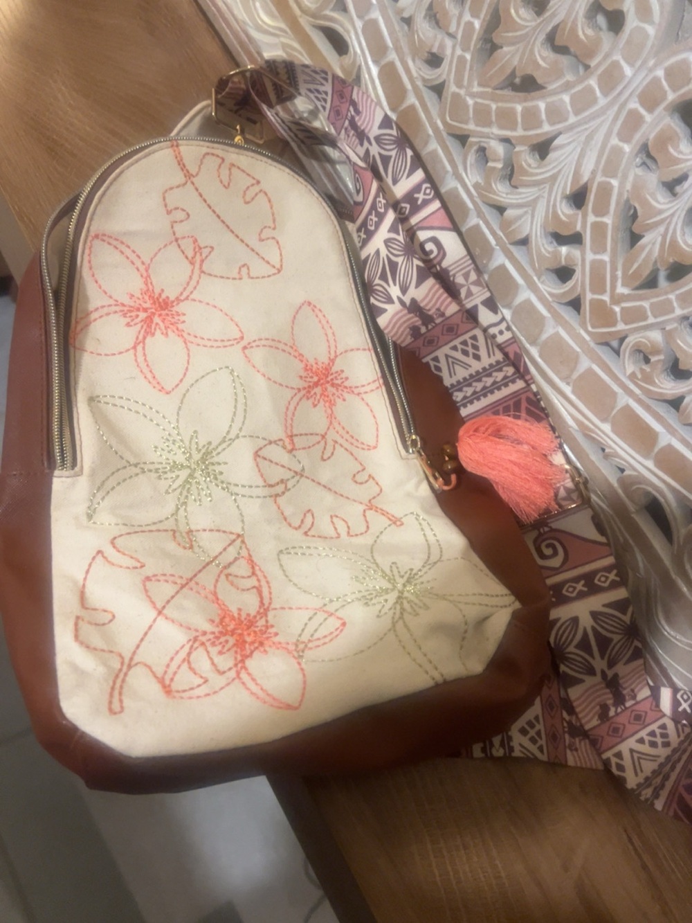 Disney Cream & Brown Floral Embroidered Crossbody